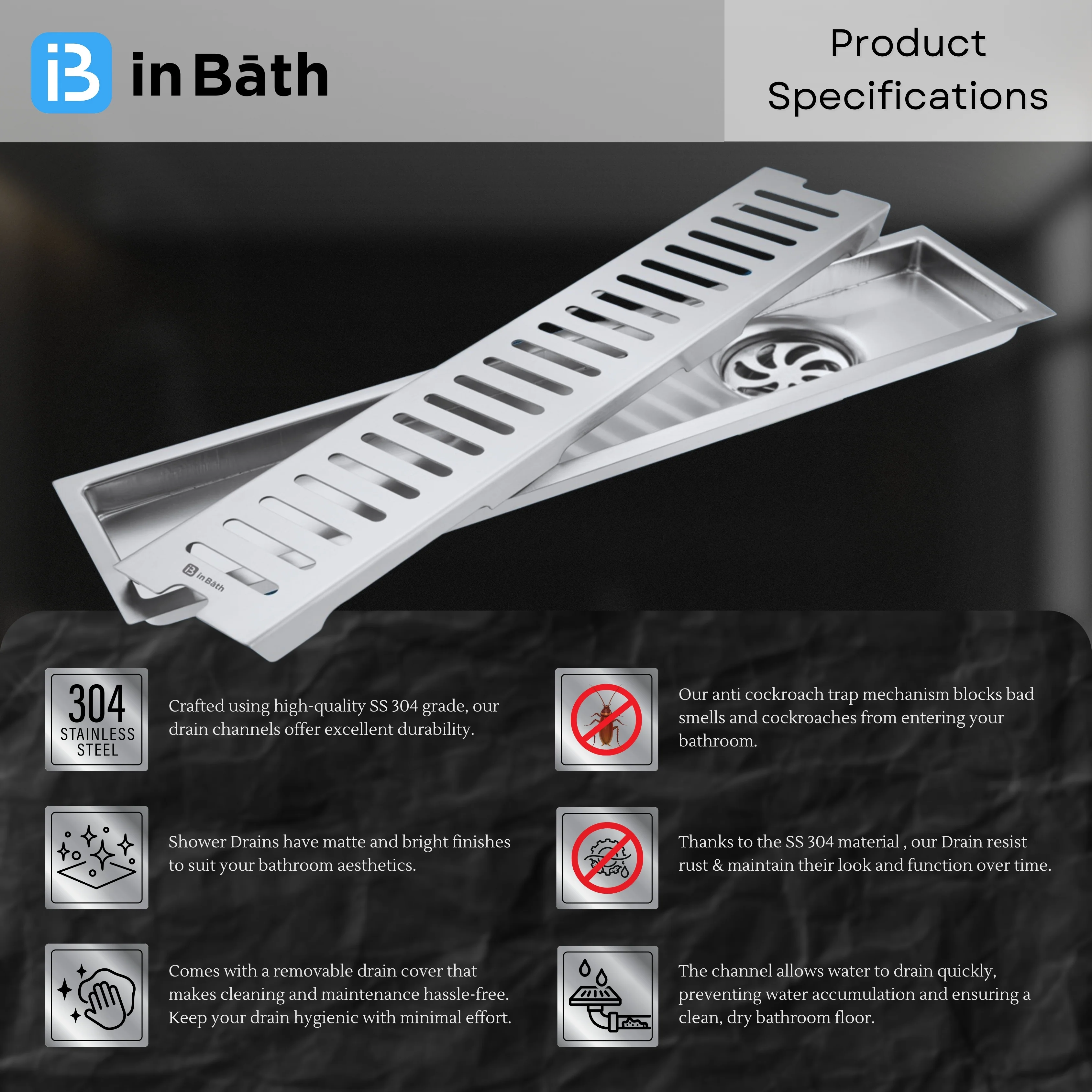 Elite Classic Shower Drain Channel with Collar (SS 304) - Image 6