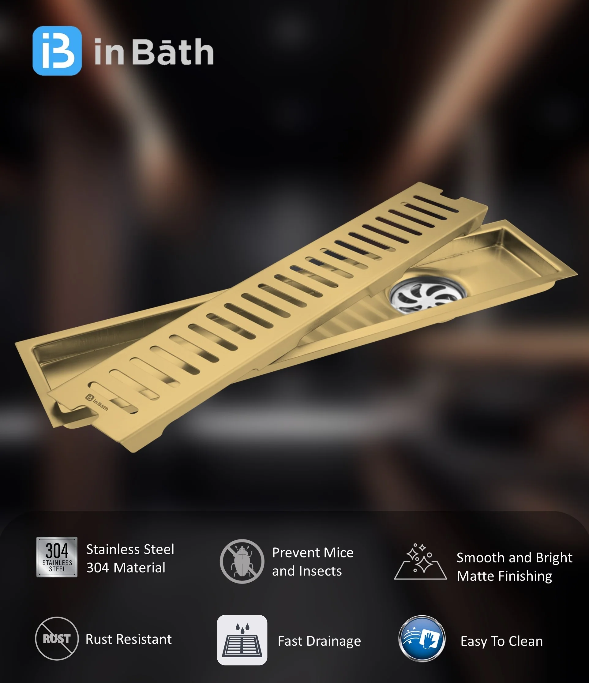 Gold (PVD) Classic Shower Drain Channel (SS304 Grade) - Image 4