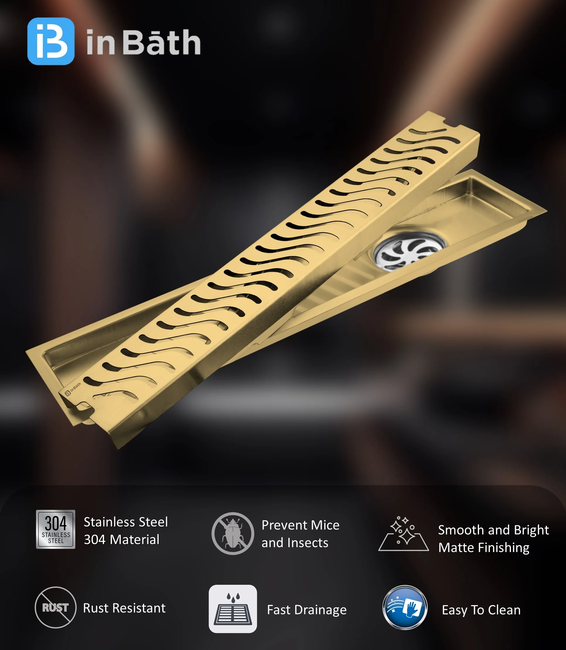 Gold (PVD) Wave Shower Drain Channel (SS 304 Grade) - Image 4
